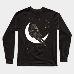 Black White Gold Woman on the Moon Design Long Sleeve T-Shirt